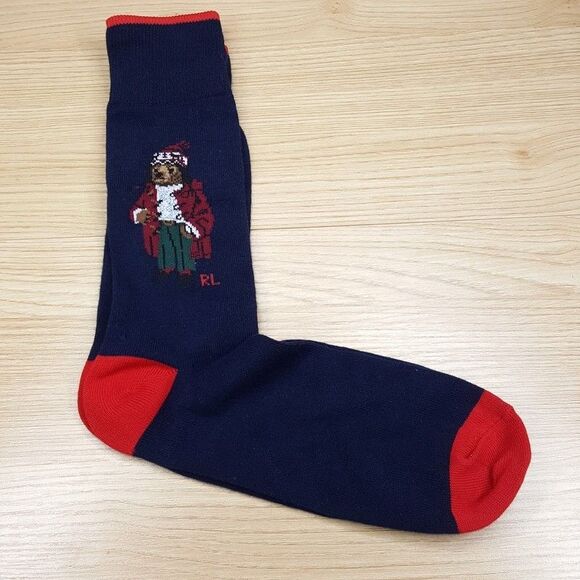 POLO RALPH LAUREN Crew Dress Socks Mens Navy Cotton Knit Blend Bear Logo - Picture 1 of 3